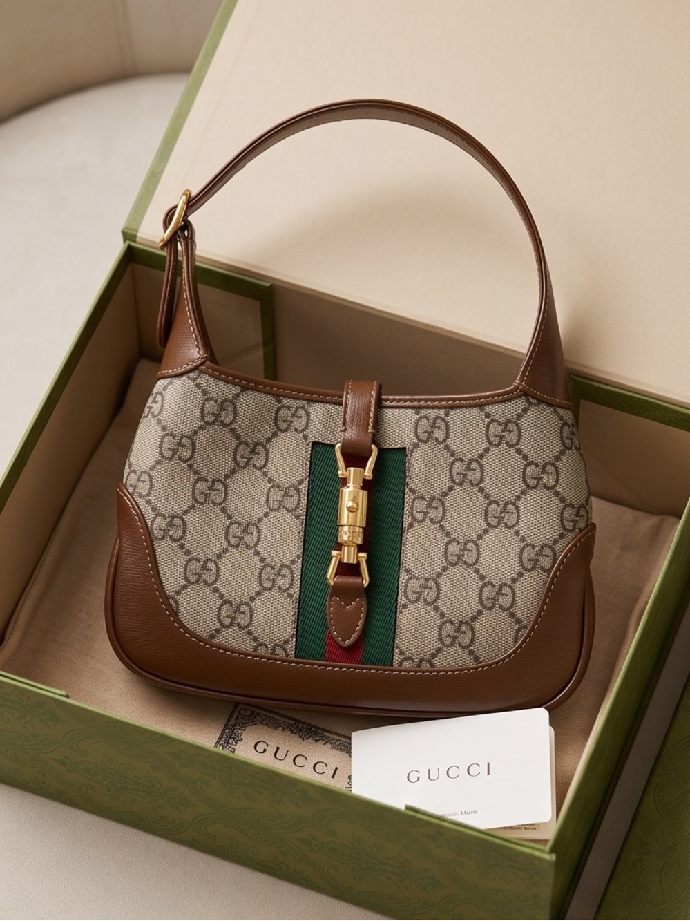 Gucci Jackie 1961 Mini GG Supreme Shoulder Bag in Brown/Beige